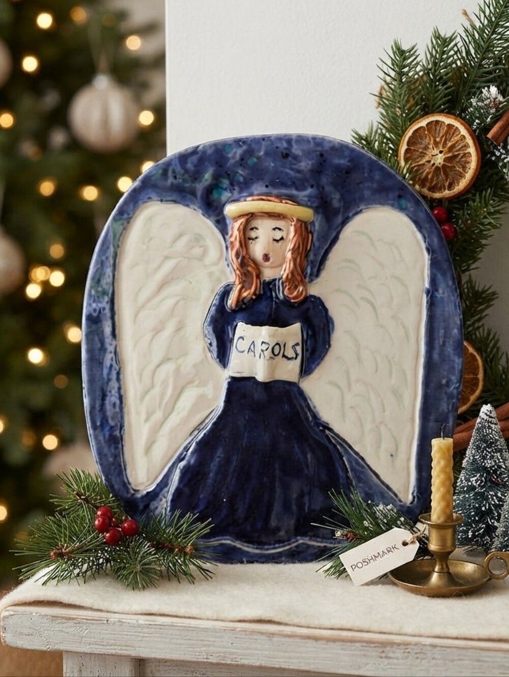 Vintage Christmas Ceramic Caroling Angel Wall Plaque - Cobalt Blue & Gold - 8"